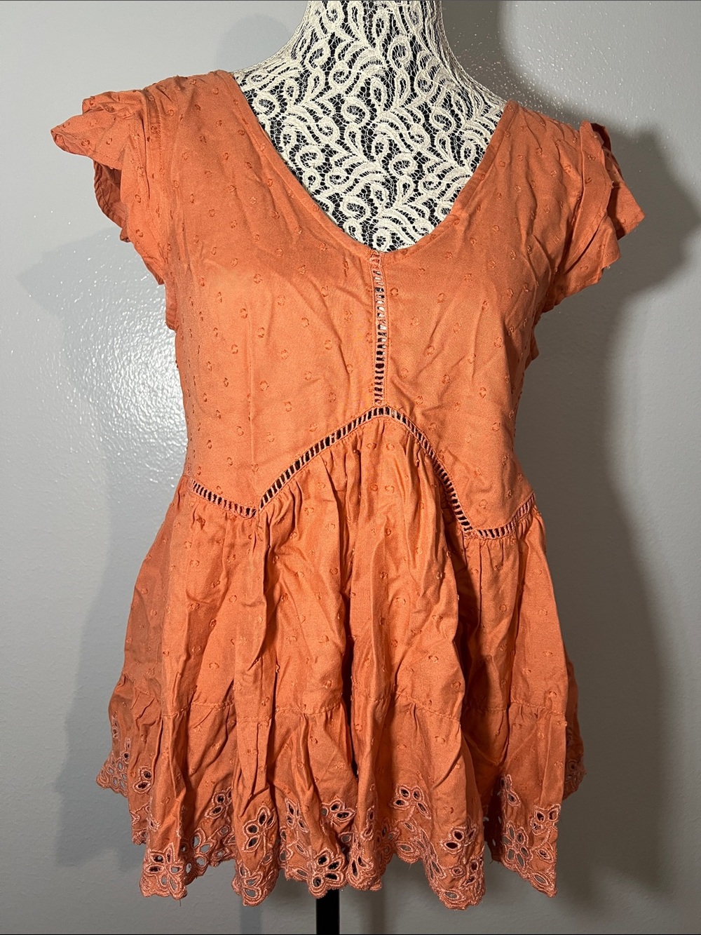 Women's Orange Eyelet V-Neck Tunic Top